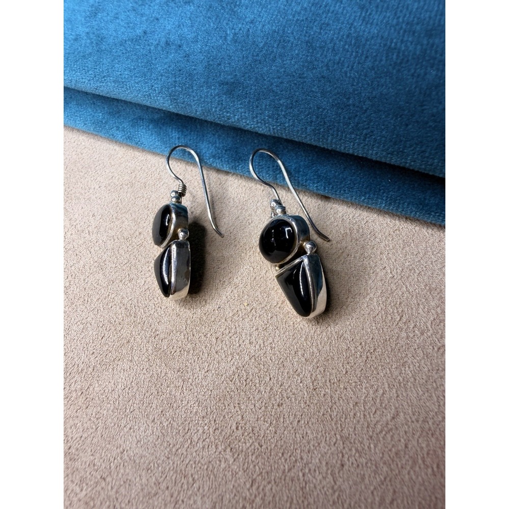 Vintage 925 Sterling Silver Two Stone Black Onyx Dangle Drop Earrings - Picture 2 of 4